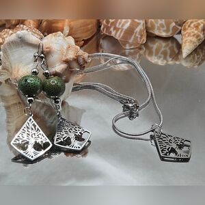Silver and Green Tree of Life Jewelry Set